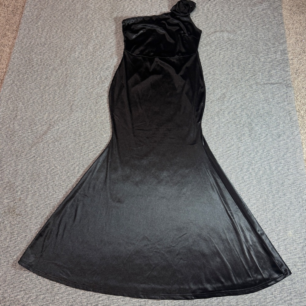 Black One Shoulder Rosette Satin Mermaid Maxi Dress Evening Gown Formal Women XL